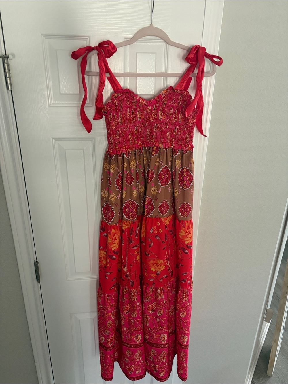 Women’s Red Floral Tie-Shoulder Maxi Dress - flowy and beautiful, breathable